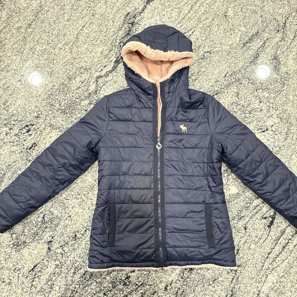 Abercrombie Kids Faux Fur Pink Reversible Hooded Blue Puffer Jacket Coat L 15-16